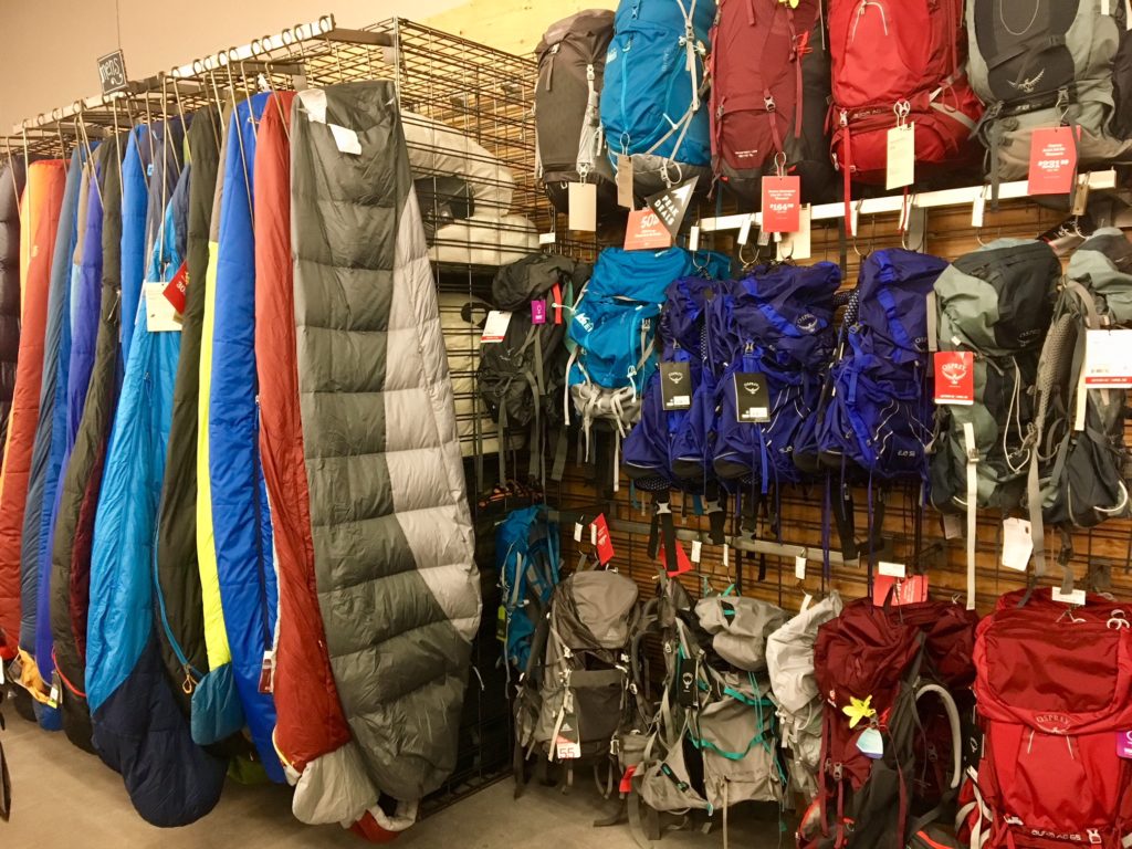 Sleeping bags and backpacks at REI