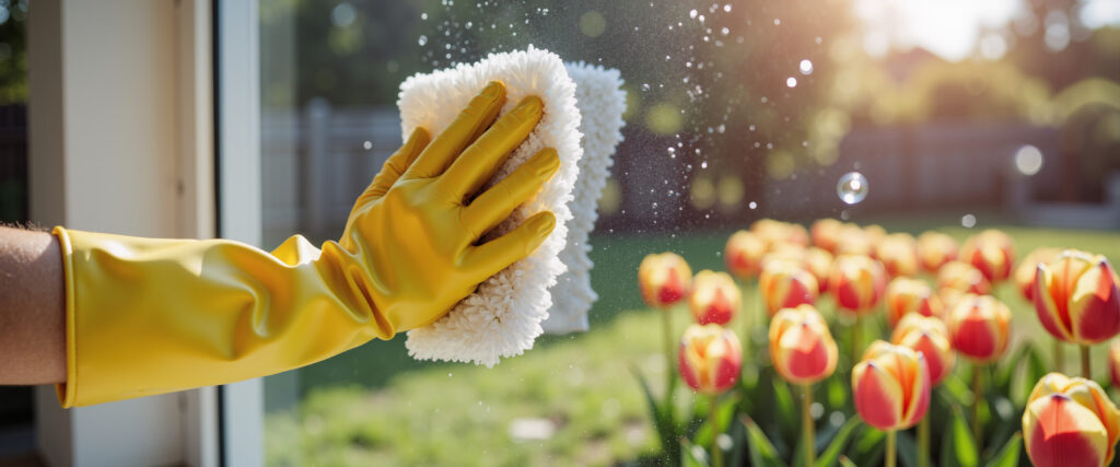 Hand in yellow glove cleaning window with view of spring garden